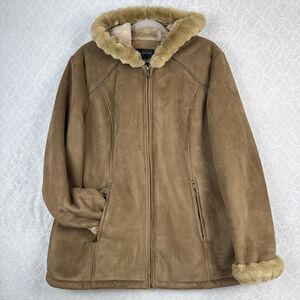 Vtg Faux Suede Barn Winter Coat Womens XL Brown Furry Lined Jacket Hood Boho Y2K